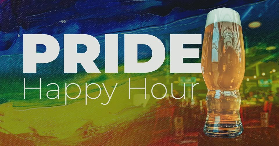 Pint Glass with a rainbow background with the text Pride Happy Hour