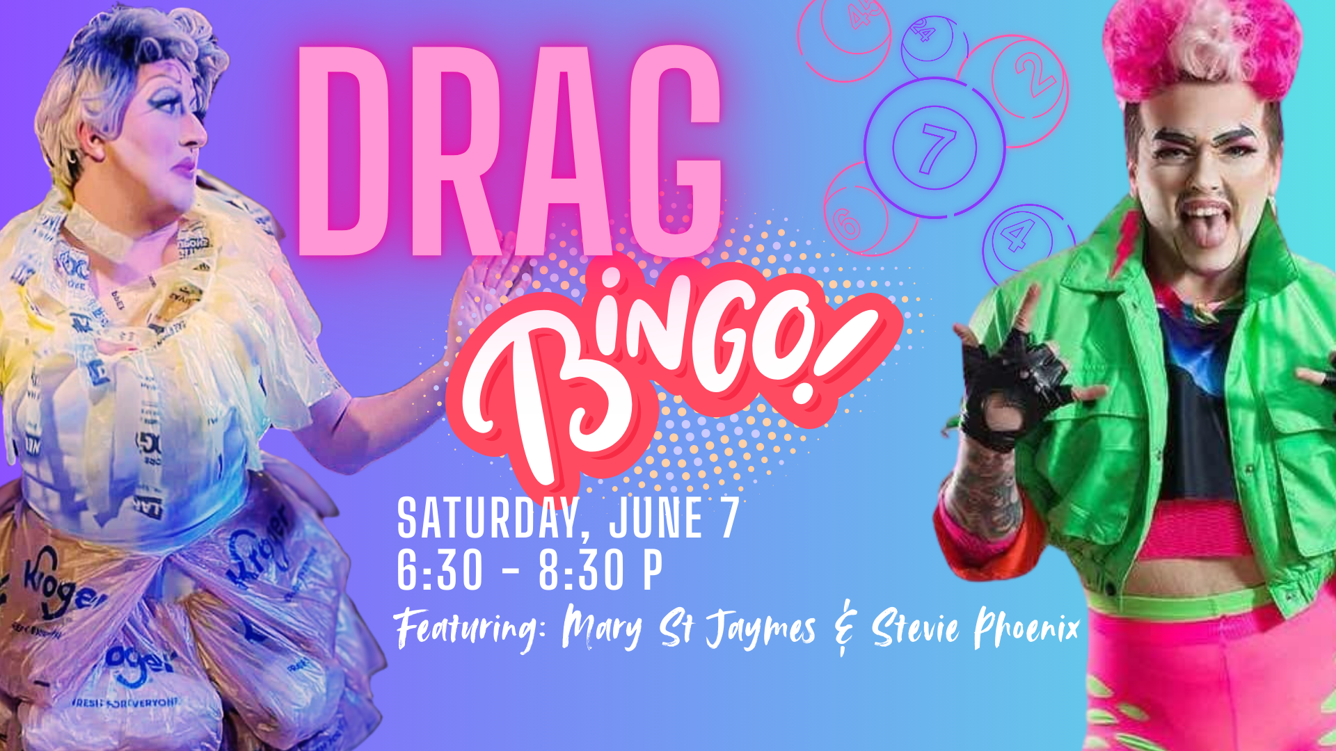 Drag Bingo advertisement featuring a drag queen and drag king