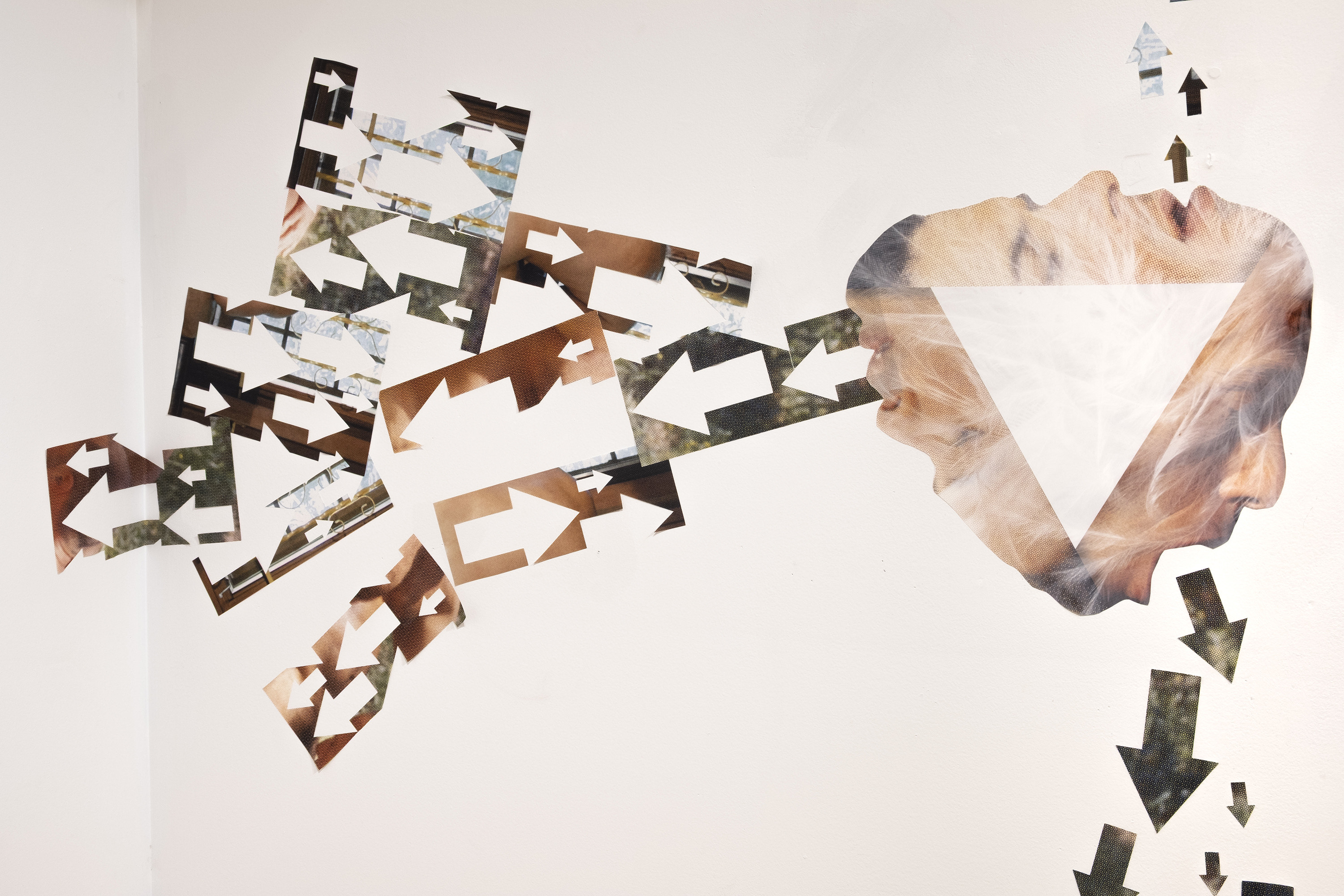 Photo collage depicting three faces organized in triangle with arrows of various forms coming out of the months of the faces