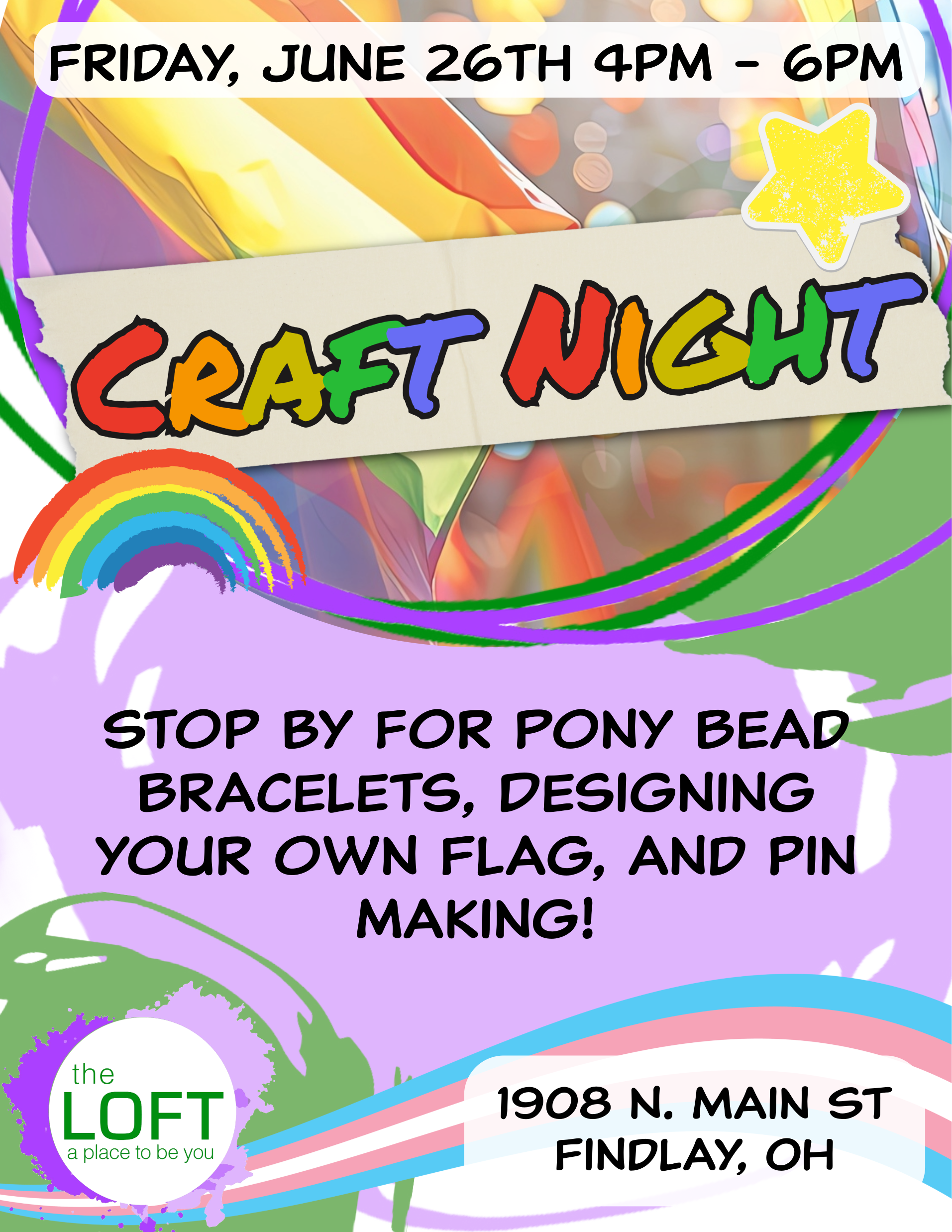 Colorful background and letters spelling out Youth Pride Craft Fair with the FOCUS and Loft logos