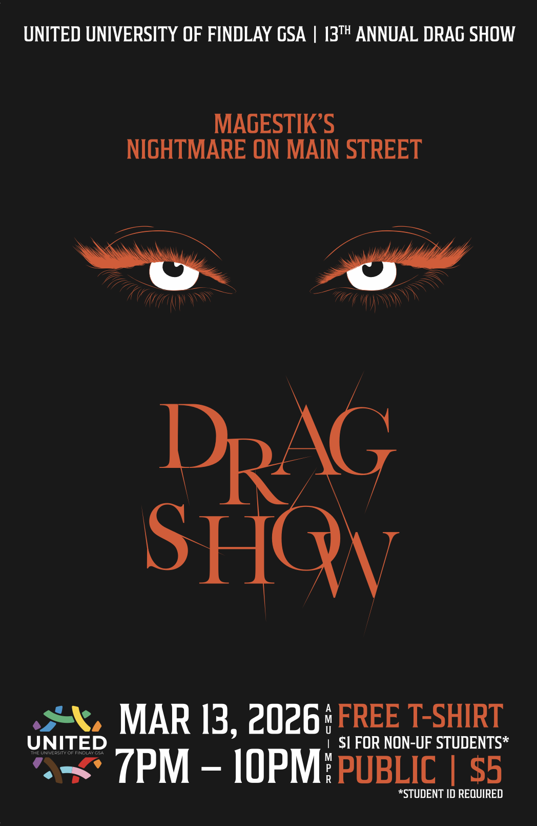 A pair of eyes on a black background with the text 'Magestik's Nightmare on Main Street - United's 13th Annual Drag Show'