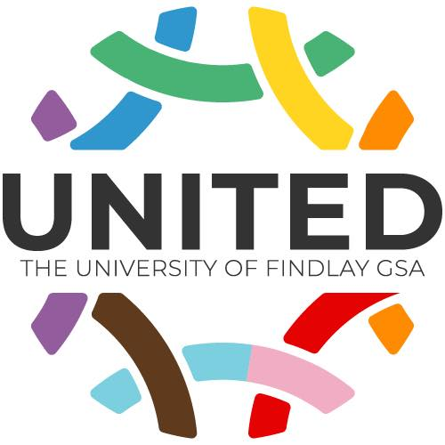 Interwoven rainbow colored lines surronding the text 'United The University of Findlay GSA'